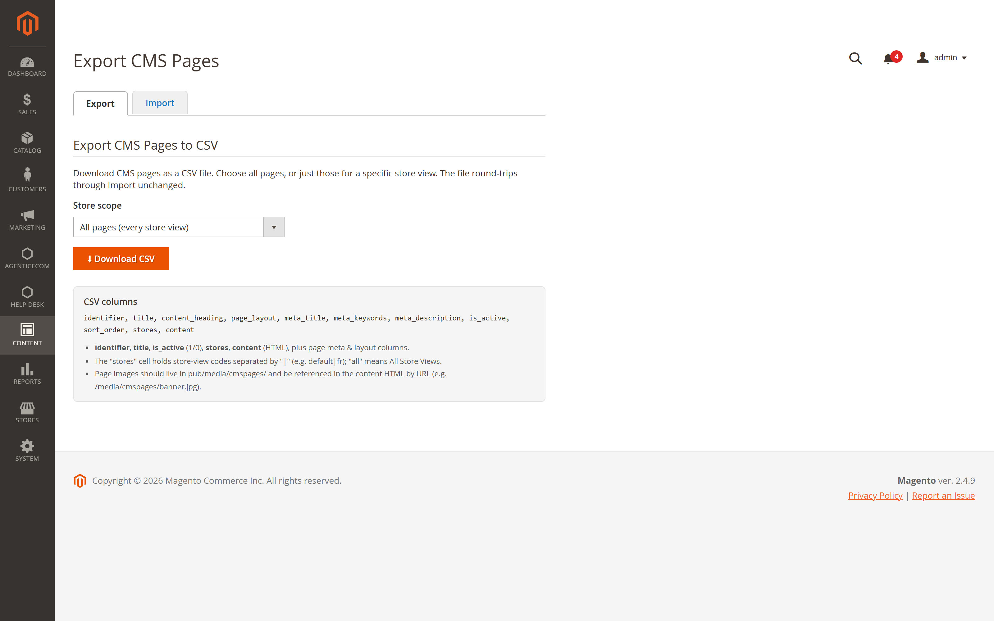 CMS Page Import / Export for Magento 2