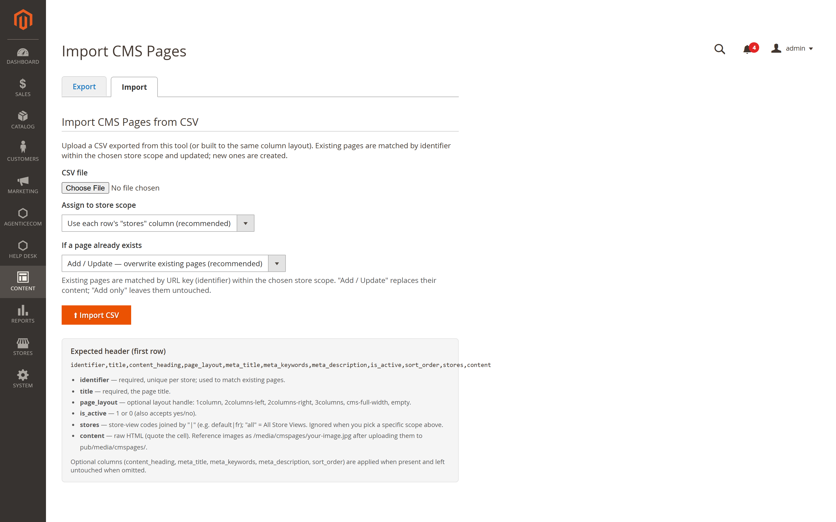 CMS Page Import / Export for Magento 2 — Pages import
